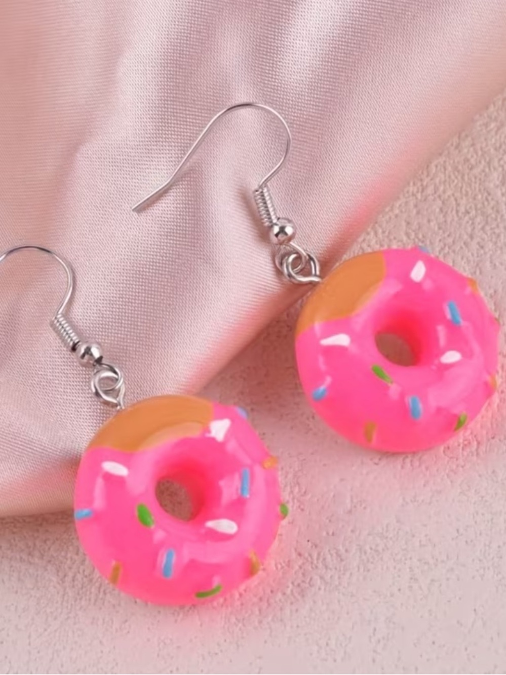 New Pink Donut Dangle Earrings - Fun Snack Charm Accessory